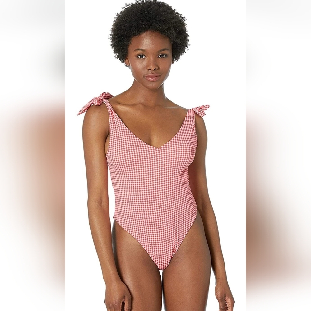 Eberjey Red Gingham Tie-Shoulder Bodysuit Sz M